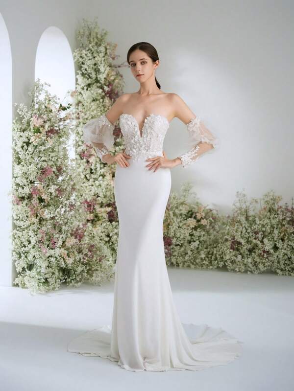 Vestido de verão com ombros de fora, branco, formal, para festa de casamento, com 3D floral, renda, patchwork, jardim de fadas, festa de casamento, manga bufante ajustável, vestidos de noiva para noiva