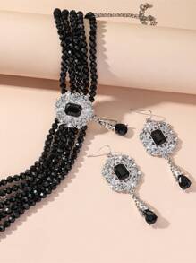 1pc High-End Fashion Women's Geometric Square Fuchsia, Green, White, Black Crystal Beads Necklace And 1 Pair Geometric Square Fuchsia, Green, White, Black Crystal Earrings Set, Versatile For Evening Gown And Daily Wear - Multi-layer Crystal Water Drop Pendant Set Of Two - View 9
