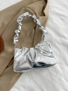 Bolso de mano plisado en forma de media luna con decoración de lazo de pañuelo de seda, bolso de mano con forma de nube casual con correa de cadena metálica, bolso bandolera cruzado