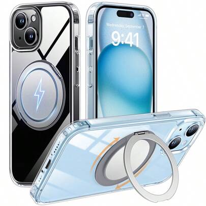 1pc Transparent Minimalist Fashion 360° Magnetic Rotating Ring Holder Phone Case, PC+TPU Soft Edge Shockproof Full Coverage Protective Phone Cover, Smooth Rotating Ring Holder, Suitable For Phone Watching, Office, Photography, Wireless Charging, Car Mount, Compatible With IPhone 15/15Pro/15Pro Max/16/16Pro/16Pro Max/17/17Pro/17Air/17Pro Max, Unisex Gift