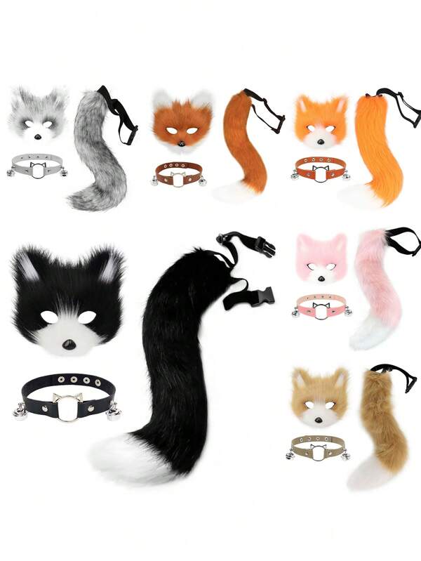Faux Fur Fox Mask Wolf Cat Fluffy Tail And Leather Necklace Set Halloween Cosplay Party Costume Accessory