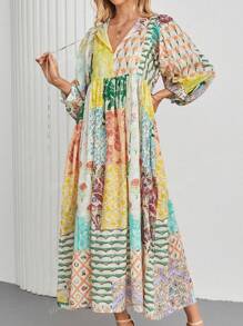 Vestido largo de mujer con mangas de farol, estilo bohemio, con cuello en V, bolsillos y estampado patchwork aleatorio