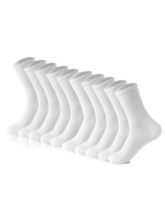 1/5/10 双白色压缩脚袜，带松紧带，男女通用休闲运动中筒袜