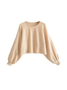 Women 2 Pieces Tracksuit Outfits,Puff Sleeve Knit Pullover Sweater Tops + Elastic Waist Drawstring Shorts Set - Beige - View 6