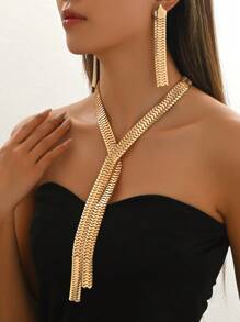 3pcs/Set Y-Shaped Fashion Elegant Exaggerated Versatile Party European And American Personalized Set Necklaces & Earrings - Yellow Gold - View 2