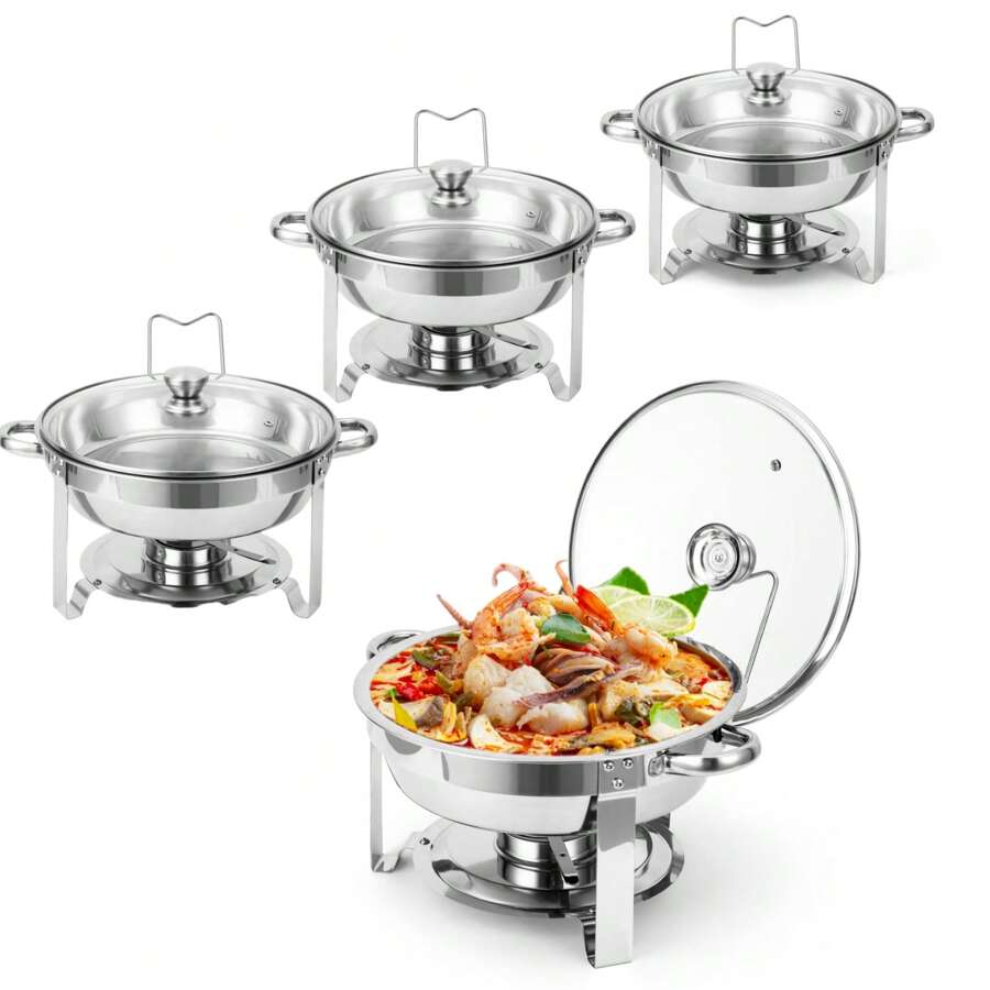 ANPHON Chafing Dish Buffet Set 4 Pack 5QT, Stainless Steel Round Chafing Dishes For Buffet With Lid Holder & Glass Lid, Buffet Servers And Warmers For Parties, Wedding, Camping, Dinner - 銀色 - 查看 1