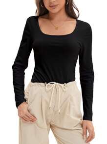 QGEMANWU Women's Long Sleeve Round Neck Ribbed Knit Fitted Casual Top Slim Basic Shirt - màu đen - Xem 1