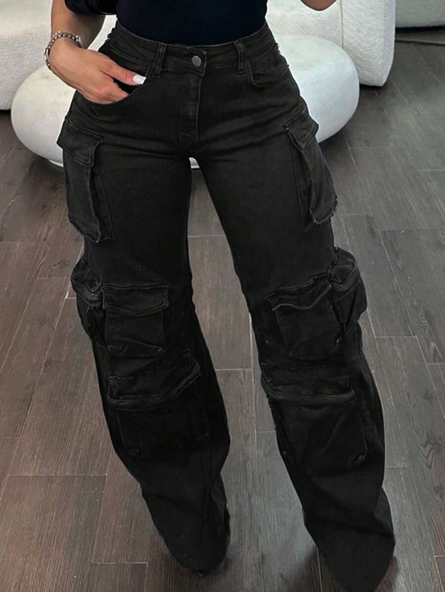 Women's Street Style Distressed Denim Effect Cargo Pants - Black - View 1