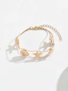 1pc Beach Ocean Themed Women Necklace Bracelet Set, Vintage Boho Minimalist Double Layer Shell & Starfish Pendant, Elegant Beach Party Jewelry Gift