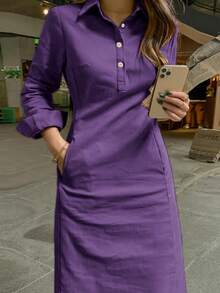 春秋新款时尚优雅翻领纽扣长袖女式阿拉伯连衣裙