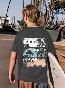 Camiseta de manga corta con cuello redondo y estampado gráfico divertido informal para niño preadolescente, top de verano