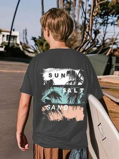 Tween Boy Casual Funny Graphic Print Crew Neck Short Sleeve T-Shirt, Summer Top