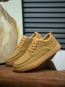 男士卡其色皮革表面 3D 缝合橡胶鞋底乐福鞋，英伦风户外/约会/购物四季防滑平底鞋