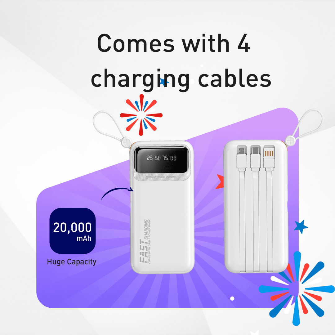 Equipado com um banco de energia de quatro fios e um banco de energia portátil de 20000/10000mAh para fornecimento de energia ao ar livre, compatível com Samsung, iPhone, iPad, etc.