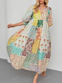 Vestido largo de mujer con mangas de farol, estilo bohemio, con cuello en V, bolsillos y estampado patchwork aleatorio