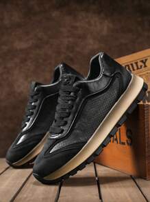 Zapatillas deportivas cómodas y transpirables de piel perforada de corte bajo para hombres, con suela gruesa antideslizante y casual tipo chunky, para uso atlético