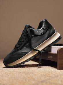 Zapatillas deportivas cómodas y transpirables de piel perforada de corte bajo para hombres, con suela gruesa antideslizante y casual tipo chunky, para uso atlético