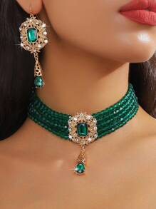 1pc High-End Fashion Women's Geometric Square Fuchsia, Green, White, Black Crystal Beads Necklace And 1 Pair Geometric Square Fuchsia, Green, White, Black Crystal Earrings Set, Versatile For Evening Gown And Daily Wear - Multi-layer Crystal Water Drop Pendant Set Of Two - View 5