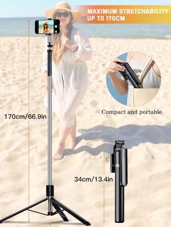 最新款 170 厘米/66.9 英寸蓝牙遥控自拍杆及手机支架，适用于视频拍摄、生活记录，可伸缩，360° 旋转，防抖，可折叠便携式三脚架/独脚架，适合夏季度假、旅行、户外活动、直播等。