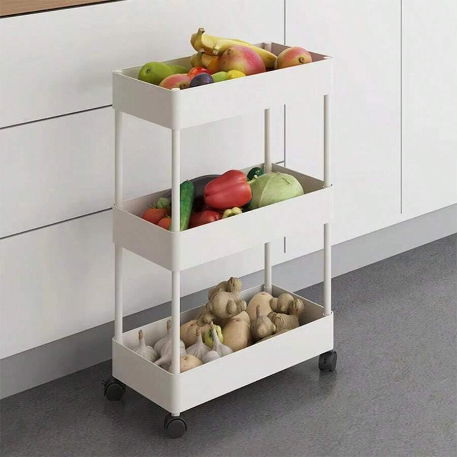 Un carrito de almacenamiento multifuncional de tres pisos, tamaño ampliado, adecuado para la cocina para almacenar alimentos, baño para almacenar artículos de aseo, Sala de estar para almacenar botellas, balcón para almacenar macetas, dormitorio para almacenar juguetes y así sucesivamente. - Blanco - Ver 1