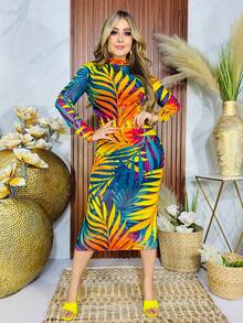 Women Midi Dresses - 橙色和藍色的葉子 - 查看 6