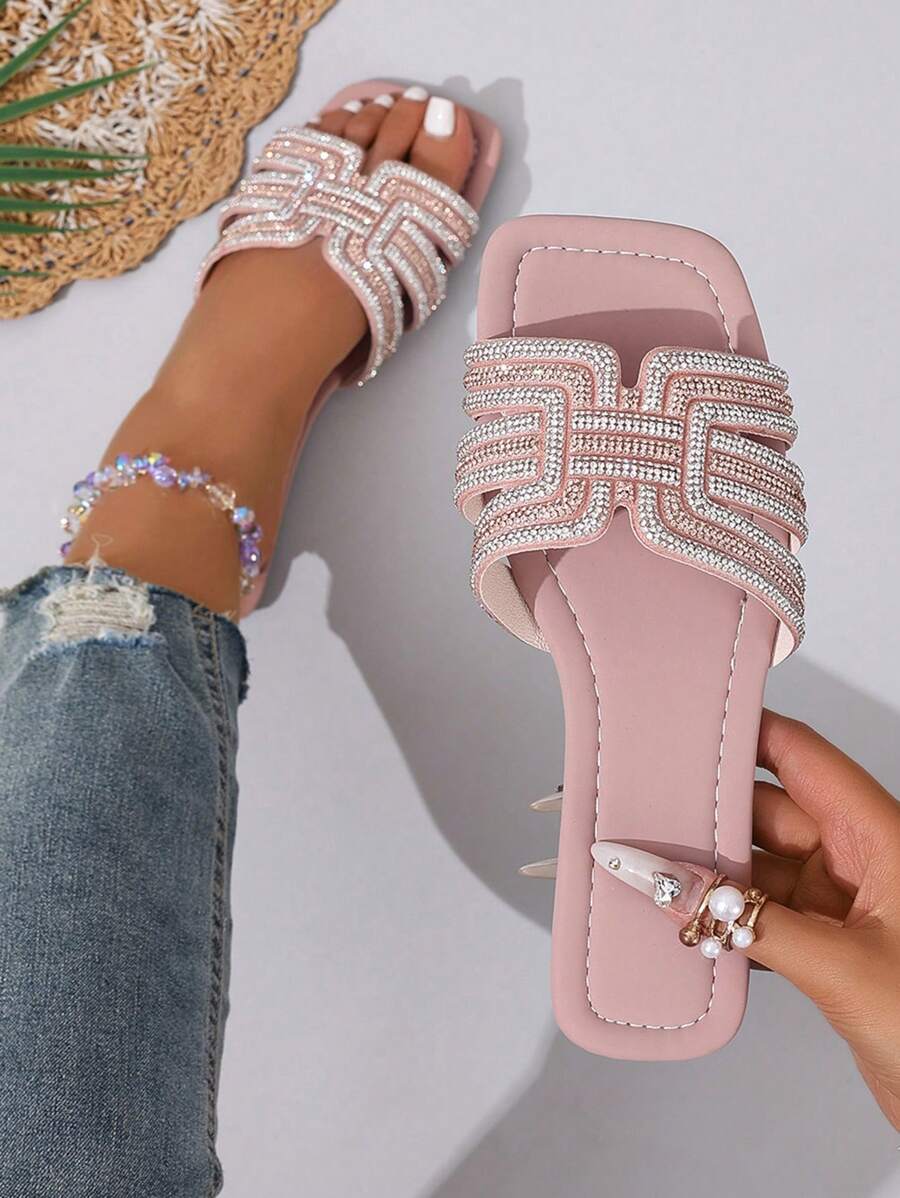 水钻装饰奢华女士平底拖鞋,春夏季时尚休闲一脚蹬拖鞋,舒适平跟露趾沙滩凉鞋,百搭简约设计 - 藕粉色 - 查看 1