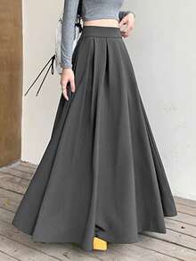女士休闲褶皱 A 字形长裙 - 灰色 - 查看 8
