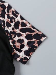 2 件女童豹纹蝴蝶结短袖上衣 + 喇叭裤套装，修身服装/姐妹装，开学季 - 黑色 - 查看 5