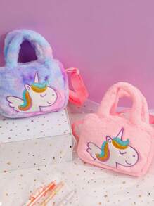 1pc Kid's Cartoon Plush Unicorn Crossbody Bag, Cute Shibori Dye Square Small Bag With Adjustable Strap For Coins, Accessories, Toys, Random Shibori Placement