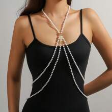 Graceful Multi-Layer Handmade (Faux) Pearl Woven Necklace/Shoulder Chain, Adjustable Length, Suitable For Party, Bikini Top, Beach Cover-Up And All Seasons - White - View 15