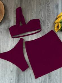 女士性感红色单肩比基尼三件套 - 紅色 - 查看 5