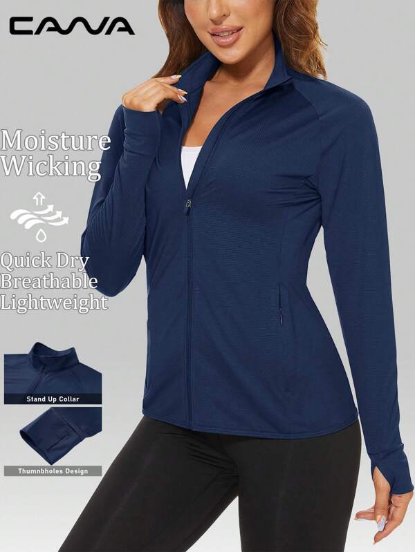 Cavva Women's UPF 50+ Lightweight Jackets Sun Protection Quick-Dry Stretchy Long Sleeve Cardigan Textured Fabric Slim Fit Raglan Sleeve Hidden Zipper Pockets Thumbhole Cuffs Jackets Outdoor Hiking Running Yoga