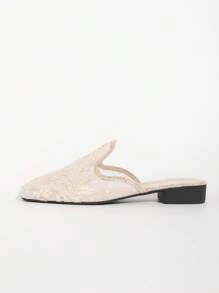Women's Black & Champagne Closed Toe Mule Slippers, Mid-Heel, Fashion Hollow Breathable Mesh Embroidered Slip-On Sandals, Suitable For Dresses, Flat Casual Slide Sandals