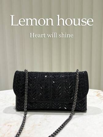 1 pieza Bolso de embrague decorado con strass y lentejuelas negras, bolso de hombro de noche con cadena metálica, elegante bolso de fiesta/boda para mujeres, adecuado para banquetes, fiestas, bailes de graduación
