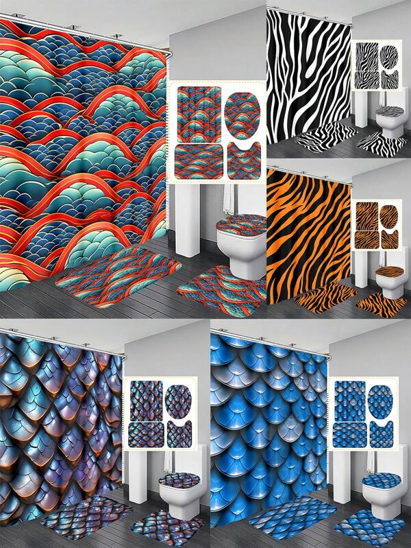 Luxury Bathroom Set Polyester Fiber Waterproof Shower Curtain With Non-Slip Rugs Toilet Lid Cover And Mat Fish Scale Wave Pattern Animal Print Zebra Tiger Stripes Unique Ocean Theme Bathroom Decor Set For Home Apartment Dorm Stylish And Modern Bathroom Accessories Easy To Clean Artistic Shower Curtain Set