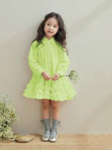 Vestido de línea A con mangas largas, volantes y plisados para niñas, primavera y otoño - Verde - Ver 4