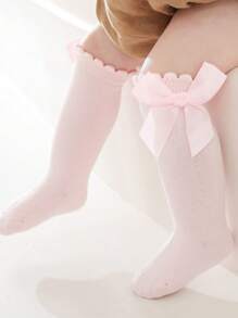 6 Pairs Baby Girl Over The Knee Socks, Long Leg Ribbed Stockings, Bowknot Accent, Solid Color, For Spring Autumn Wear, Ballet/Formal Dance - Multicolor - View 6