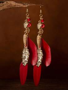 1 Pair Retro Wooden Bead & Feather Dangle Earrings, Boho Style Gold Leaf Long Earrings For Women, Holiday Gift - Natural Feathers - View 9