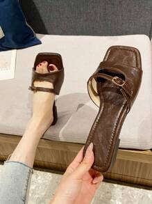 Zapatos de tacón plano tipo 'slip-on' con puntera cuadrada minimalista, acabado lacado con adorno de hebilla metálica, zapatos casuales chic para la oficina y el uso diario para mujeres