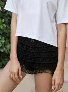 Women's Lace Bloomers Shorts Mini Bow Low Waist Tiered Ruffled Bodycon Short Pants