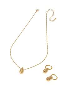 1pc Vintage Metallic Minimalist Teardrop Pendant Necklace & 1 Pair Of Creative Round Teardrop Hoop Earrings Set For Women, Daily Wear And Commute - Yellow Gold - View 4