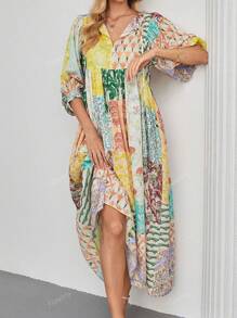 Vestido largo de mujer con mangas de farol, estilo bohemio, con cuello en V, bolsillos y estampado patchwork aleatorio