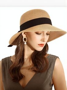 1pc Women's Wide Brim Sun Hat With Black Woven Band, Fashionable Straw Hat For Beach - Hat - View 2