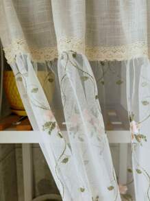 1pc Pink Floral Embroidery Semi Sheer Linen Cafe Curtain Retro Farmhouse Style Short Curtain For Kitchen Dining Room Window Rod Pocket Top