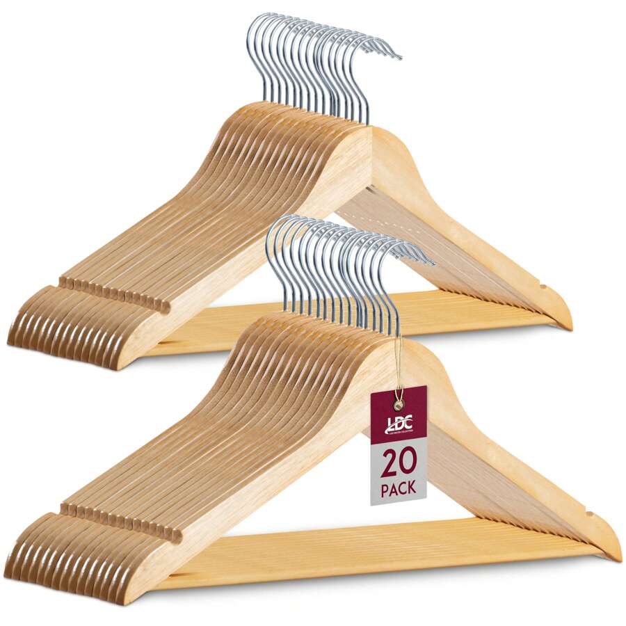 Lux Decor Premium Wooden Clothes Hanger Set – 20 Or 30-Pack Natural Finish Coat Hangers – Smooth, Non-Slip Design (9.25" X 17.5") – Space-Saving Closet Hangers – Ideal For Down Jackets, Skirts, Homes & Hotels – Perfect For Refreshing Your Wardrobe This Spring