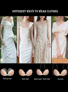 1 对优雅无缝无肩带硅胶胸罩 - 自粘式透明肩带，女式聚拢背心款式，平滑隐形提升，适合无袖服装，隐形内衣 | 优雅无肩带胸罩 | 自粘式罩杯 - 米色 - 查看 3