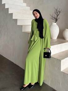2pcs Set: 1pc Open Front Robe And 1pc Sleeveless Tie-Front Dress - Green - View 2
