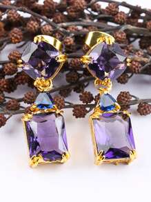 1pair Elegant Purple Colour Double Zirconia Earrings, Fashion Elegant Ladies Earrings, Suitable For Attending Banquets, Parties To Wear - bông tai - Xem 2