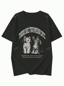 Women's Cotton Crew Neck Loose Casual Letter & Cute Cat Graphic Print Short Sleeve T-Shirt, Spring/Summer