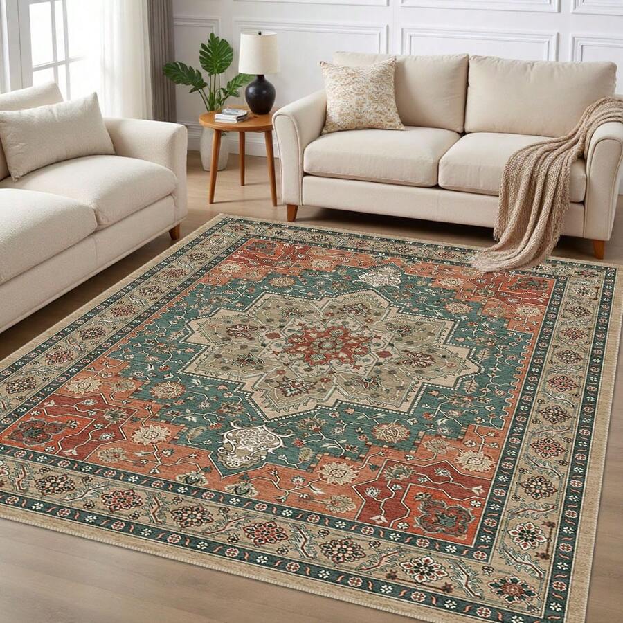 Alfombras lavables de 8 x 10 para dormitorio, alfombra decorativa para el hogar resistente a las manchas, alfombras plegables ligeras, alfombras bohemias para dormitorio y sala de estar - Clásico rojo-verde - Ver 1